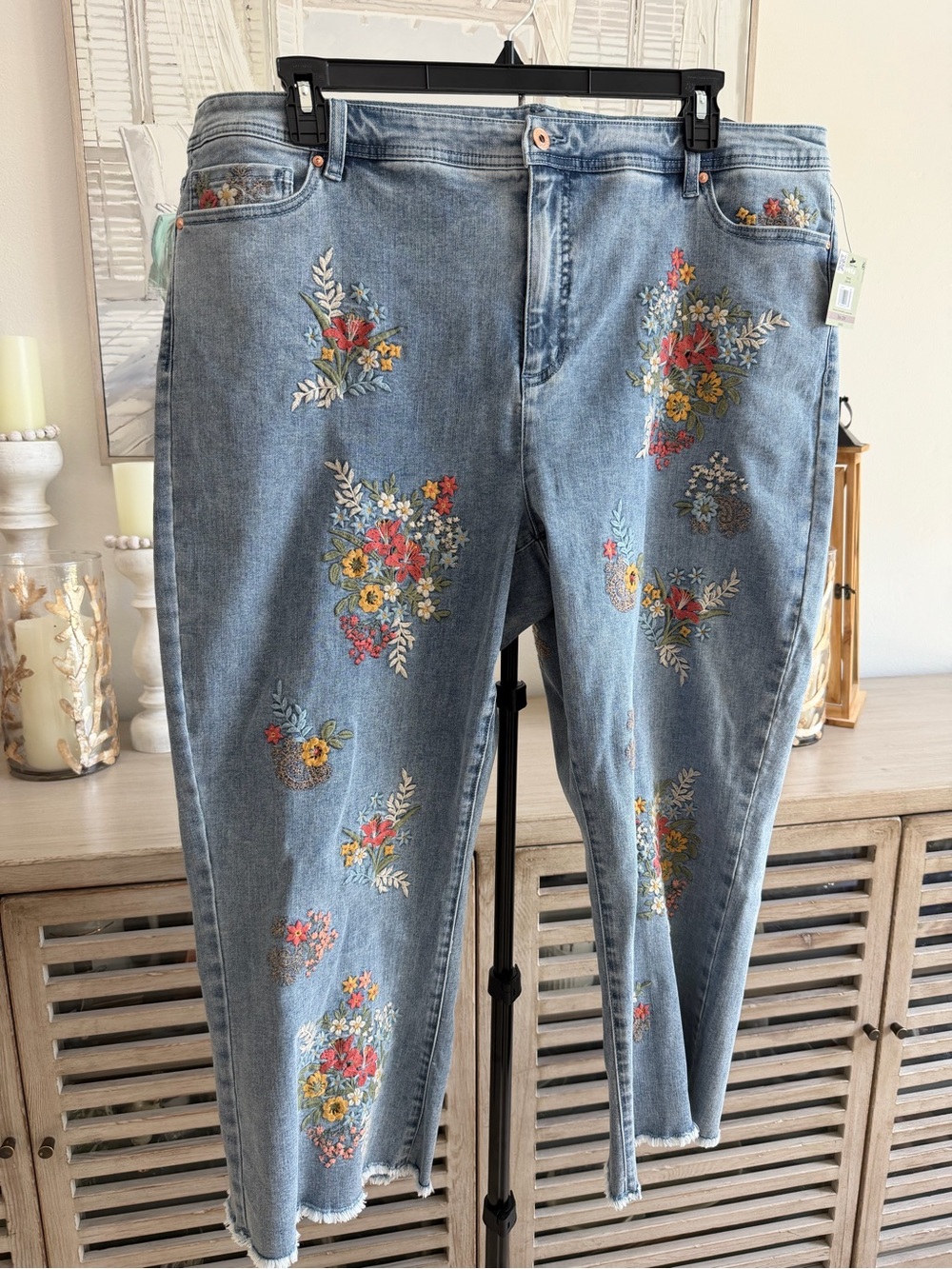 John Mark Embroidered Floral Flare Crop Jeans